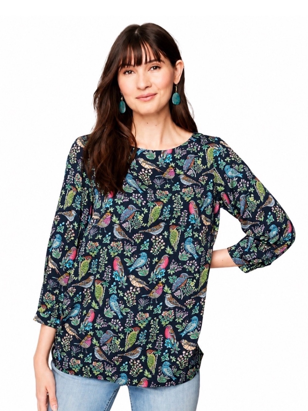J. Jill Navy Multicolor Bird & Floral 3/4 Sleeve Blouse